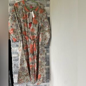 Women's RAJ NWT Boho Cotton Floral Print Midi Dress-Gray & Orange- Size Large